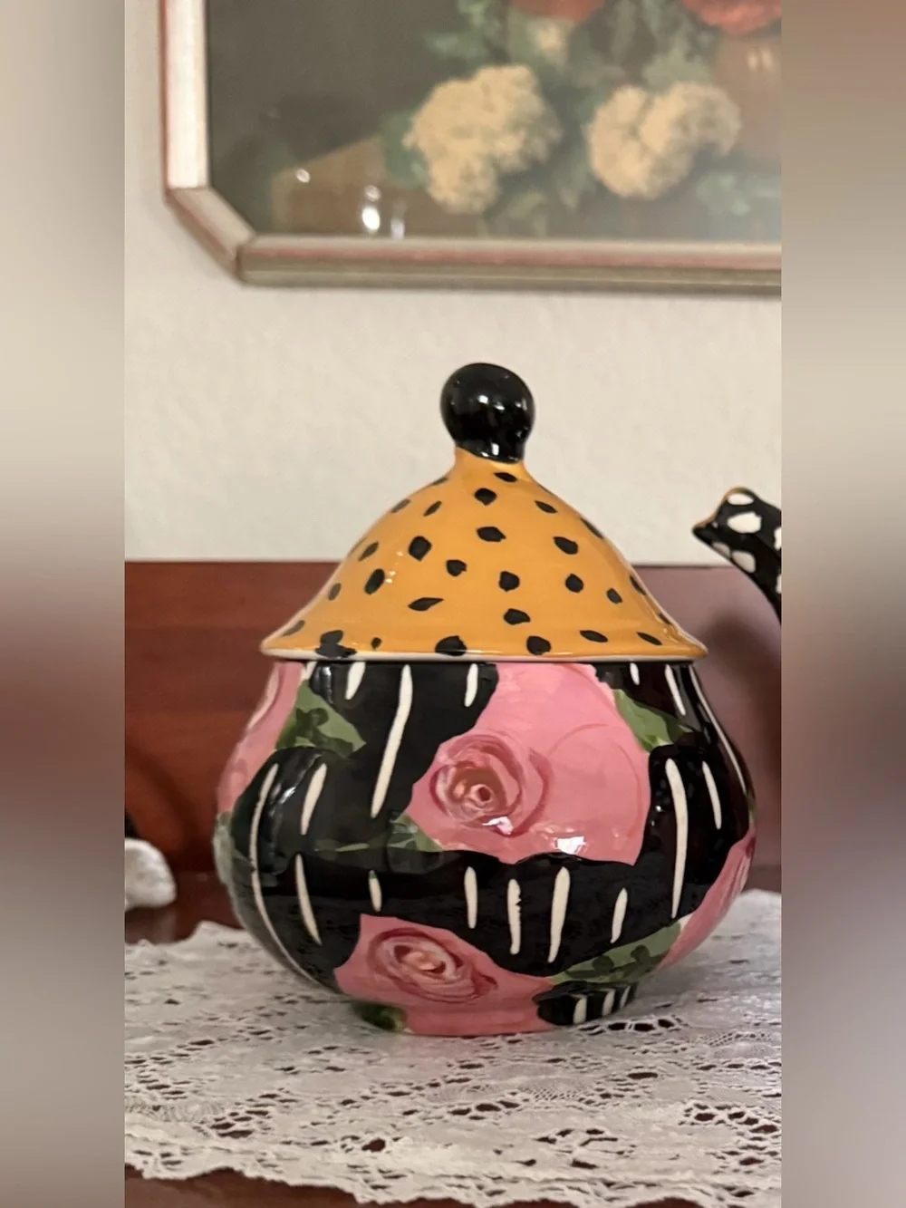 Vintage Droll Designs Hand-Painted Teapot and Lidded Sugar Bowl Set